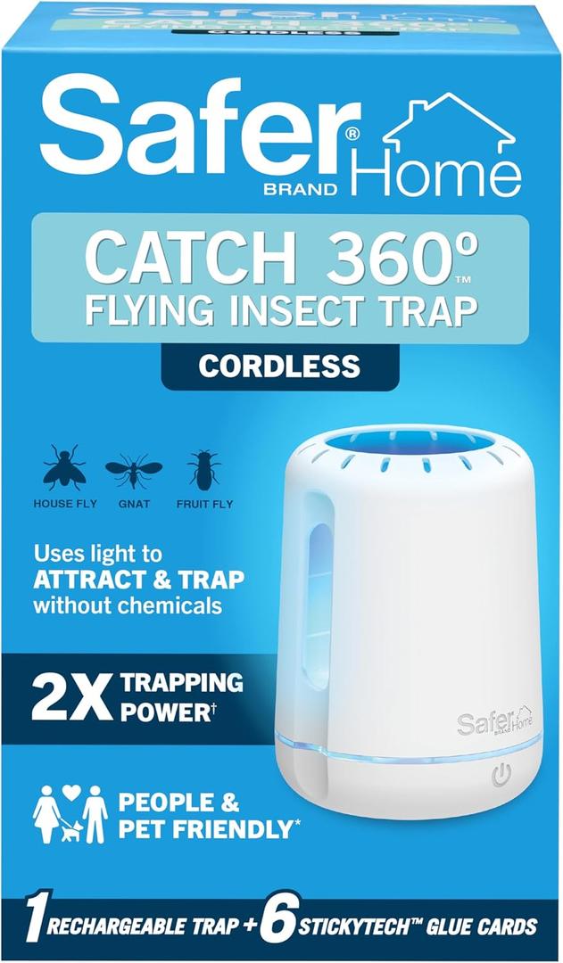 Safer Home Catch 360° Cordless Flying Insect Trap, UV LED Light, Chemical-Free, 10 Day Rechargeable Battery, Effective Fruit Fly Traps for Indoors, Gnat Traps for House Indoor, 1 Device + 6 Glue Cards