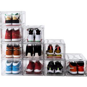 Clear Shoe Boxes Stackable 10 Pack Shoe Storage for Sneakerheads, Front Opening Shoe Organizer, Magnetic Door, Strong and Sturdy Fit for Large Size Shoes 14.96 x 10.24 x 7.87 inches