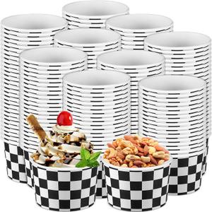 Bokon 100 Pcs Black and White Checkered Paper Ice Cream Cups 9 oz Disposable Dessert Bowls Snack Cups Soup Cups for Boys Men Birthday Baby Shower Race Fans Party Decorations Racing Car Party Supplies