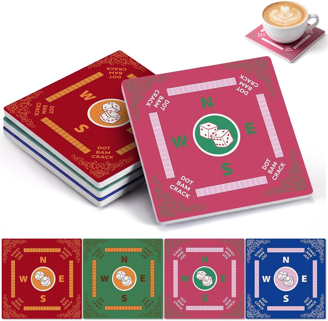 Shihanee 4 Pcs Ceramic Mahjong Coasters Bulk 3.94" x 3.94" Classic Absorbent Drink Mahjong Coasters with Cork Base Funny Mah Jong Gift Accessories Game Night Party Supplies for Cup Drink
