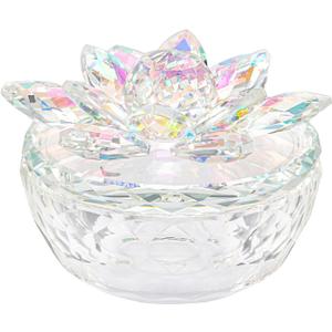 Crystal Jewelry Box for Women, Small Glass Trinket Jar with Lid, Clear Lotus Flower Storage Holder, Elegant Organizer Dish for Ring, Earrings, Necklace, Decorative Gift for Vanity (Dazzling Colors)