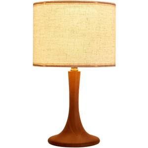 Bedside Table Lamp for Bedroom, Nordic Plug in Fabric Shade & Solid Wood Base Desk Lamp, Plug & Play Red Wood Color Nightstand Lamp for Living Room, Office, Switch Power Cord Bulb Not Included