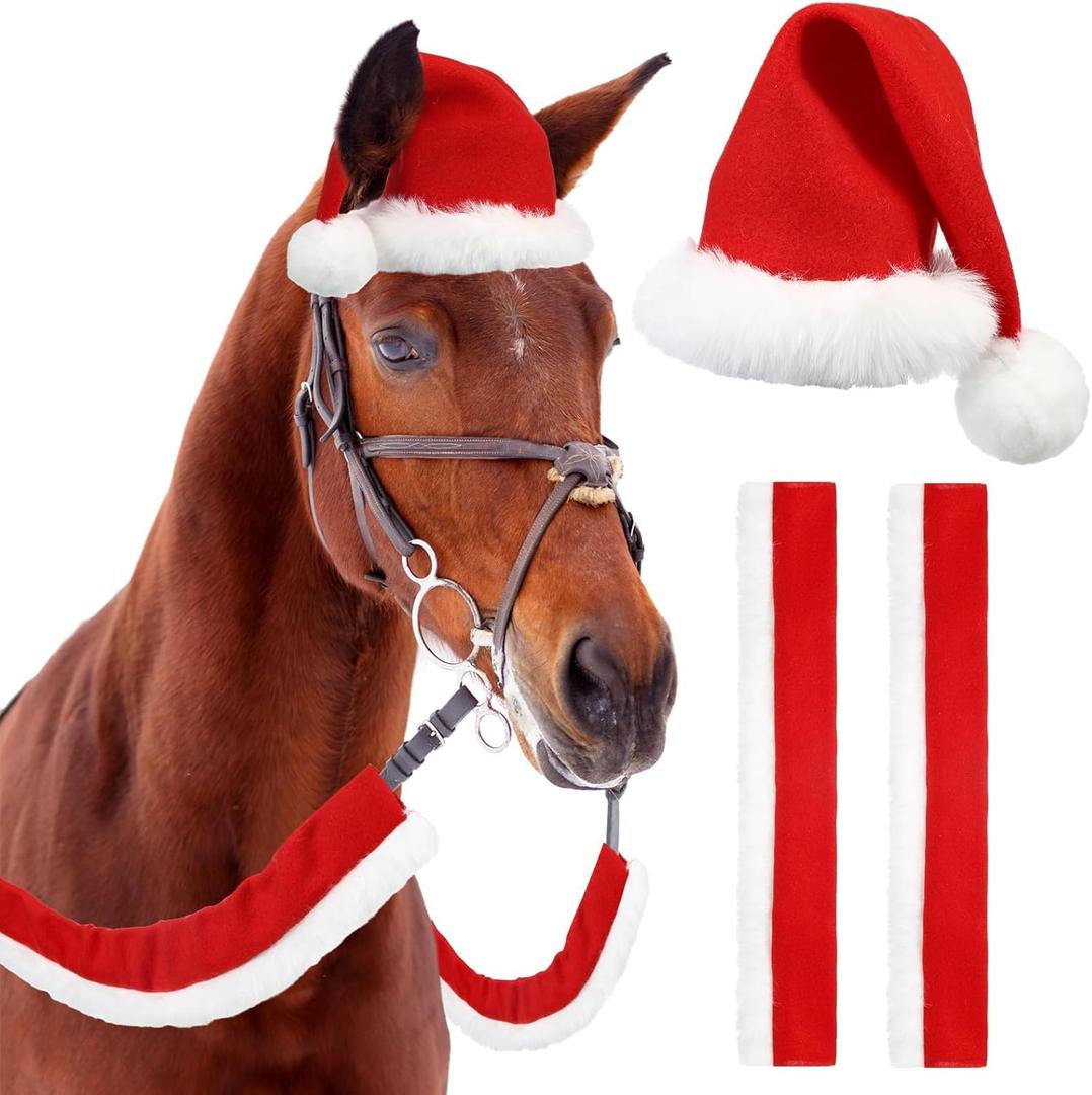 3 Pcs Christmas Horse Costume Accessory for Pony Including Horse Santa Hat with Rein Cover and Halter Bridle Cover for Xmas Parade(Santa Style)