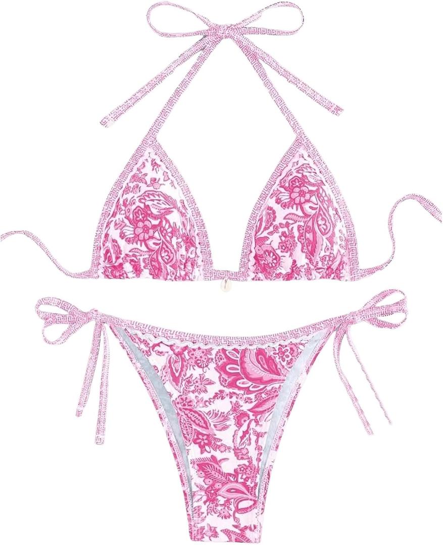 WDIRARA Women's 2 Piece Boho Swimsuits Floral Print Halter String Triangle Bikini Set Beach Bathing Suit (Pink) XXS