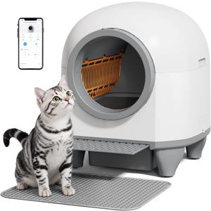 Greesum Self Cleaning Litter Box, 90 L Automatic Cat Litter Box for Multiple Cats with Safety Protection/App Control/Mat/1 Roll Litter Bag (White&Gray)