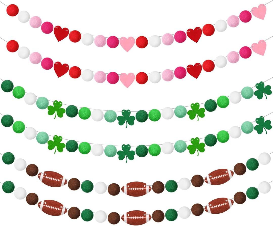 Moukeren 6 Pcs St. Patrick Day Banner 39 ft Felt Shamrock Garland Pre-Assembled Football Pom Pom Felt Banner Tailgate Party Decorations for Home Wall Mantle Office Anniversary Irish Holiday Decor