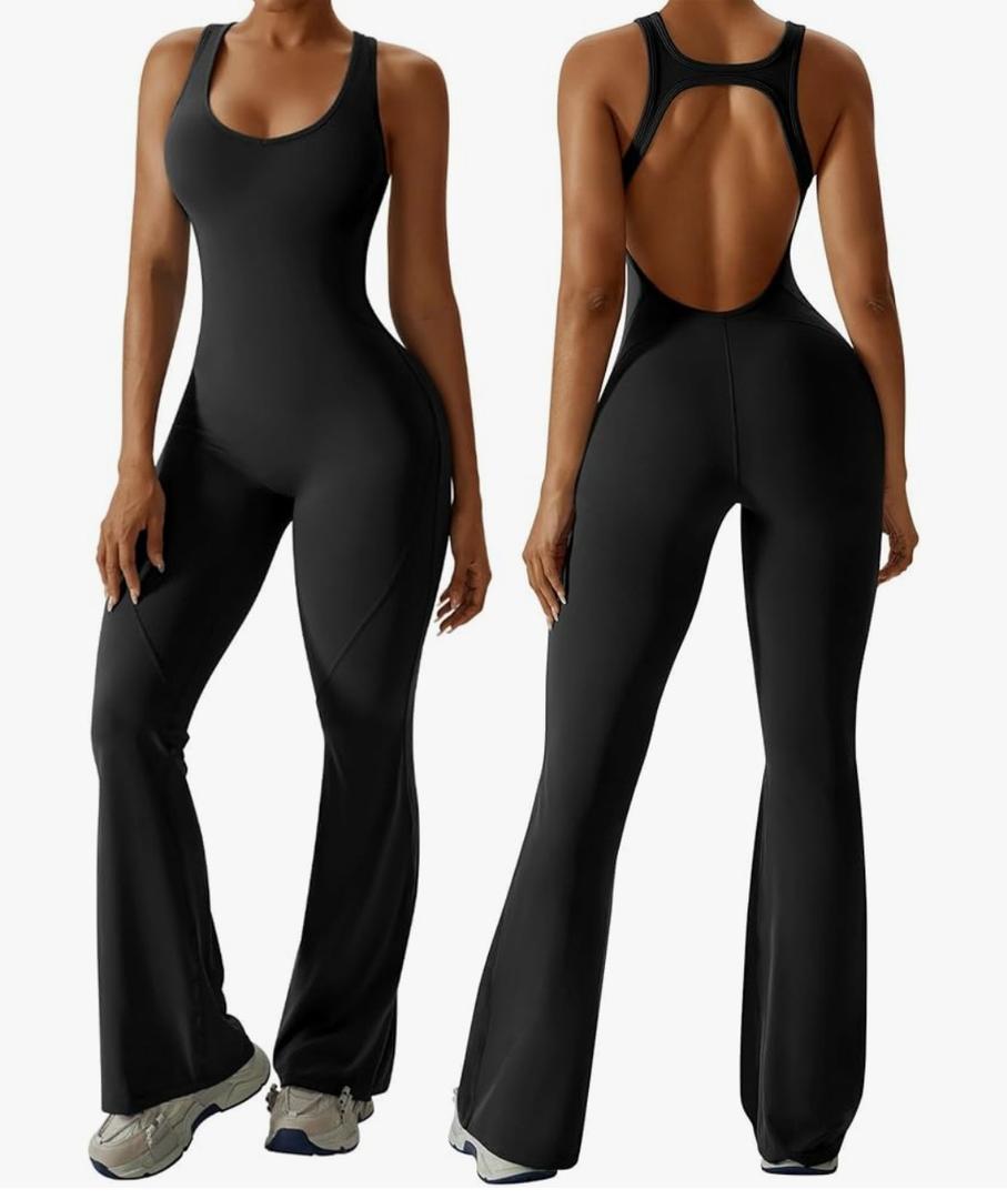 OEAK Womens Flare Jumpsuit with Bra Tummy Control Cutout Romper Workout Outfit Sleeveless Unitard One Piece Backless Bodysuit