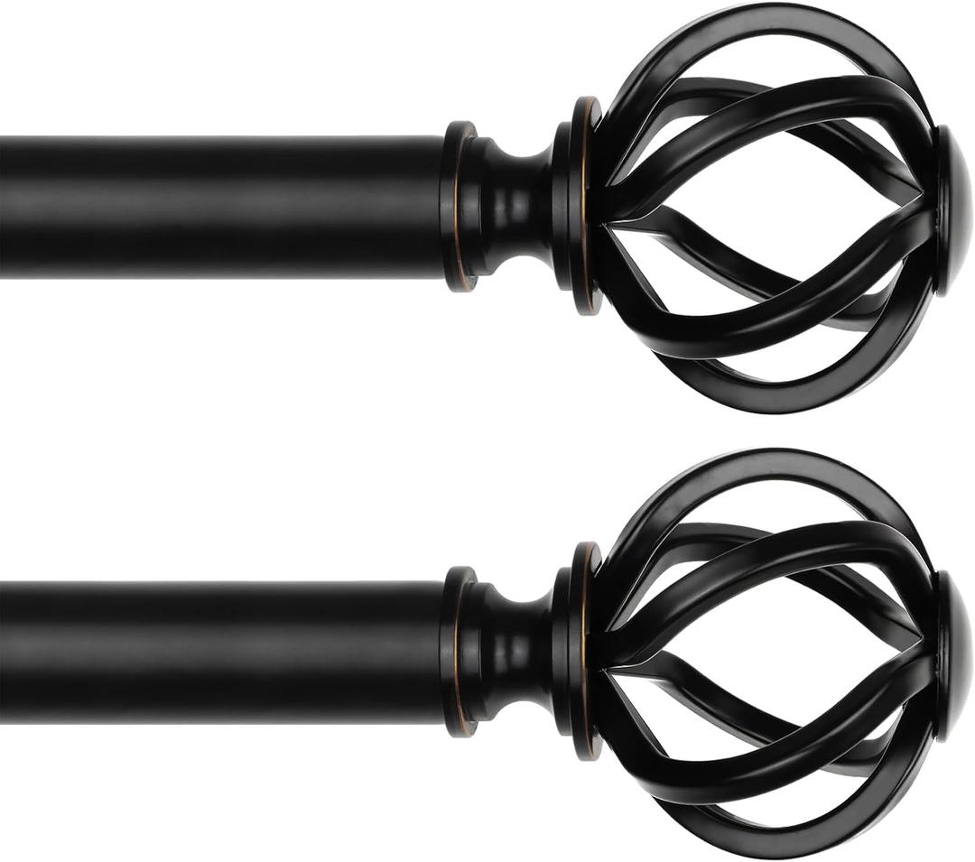 2 Pack Curtain Rod 32 to 58 Inches (2.6 to 4.8 ft), USFOOK 7/8 Inch Heavy Duty Curtain Rods for Windows, Telescoping Splicing Black Drapery Rods with Twisted Cage Finials