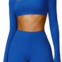 ABOCIW Women Square Neck Long Sleeve Workout Crop Top Low Medium Impact Athletic Yoga Gym Shirts with Built in Bra(ONLY TOP) (X-Large, Royal Blue)