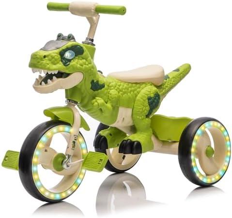 Dinosaur Kids Tricycle for Rider, Toddlers Kid Trike Bike Big Wheel with Wide Flash Wheels, Anti-Slip Pedals, Storage Basket, Music & LED Lights, Kids Bike for 3-6 Year Old Girls & Boys (Green)