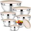 7 Piece Stainless Steel Mixing Bowls with Lids Set - Khaki Nesting Metal Mixing Bowls for Kitchen, Sizes 4.5, 4, 3.5, 2.1, 1.5, 1.1, 0.7 Qt for Baking, Cooking and Serving, Dishwasher Safe