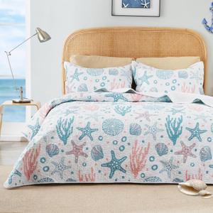 Love's cabin Quilts for Queen Coastal Pink Bedspreads Bedding Set - Summer Beach Nautical Quilt Lightweight Bedspread - Reversible Bedding Coverlet for All Season - 3 Piece (Full/Queen (90"x96"))