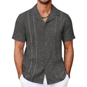 COOFANDY Guayabera Shirts for Men Cuban Short Sleeve Button Down Summer Shirts Linen Shirts (Gray, L)