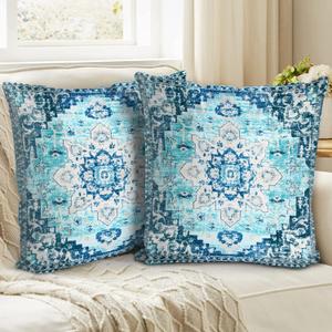 BUAEL Boho Throw Pillow Covers 18x18 inch Set of 2, Bohemian Vintage Carpet Pattern Antique Ethnic Decor Double Sided Pattern Cushion Cover Soft Pillow Case Living Sofa Room Bed Square Pillow Cover