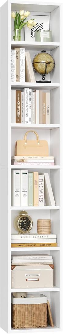 FOTOSOK White Bookshelf 8-Tier Media Tower Rack, 11.6 X 9.3 X 70.9 Inches CD DVD Slim Storage Cabinet with Adjustable Shelves, Tall Narrow Bookcase Display Bookshelf for Home Office, White
