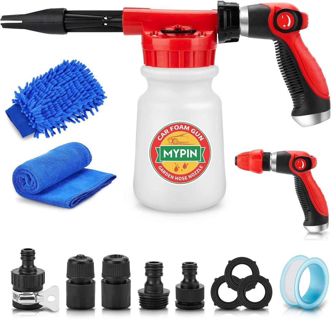 Car Wash Foam Gun/Hose Sprayer, 16 IN 1 Cannon, Adjustable with 2.5-6 Ratio Dial Foam Blaster, 1L Bottle, Nozzles, Mitten, 1/2 Quick Connector for Garden Hose, for Car/Garden Cleaning