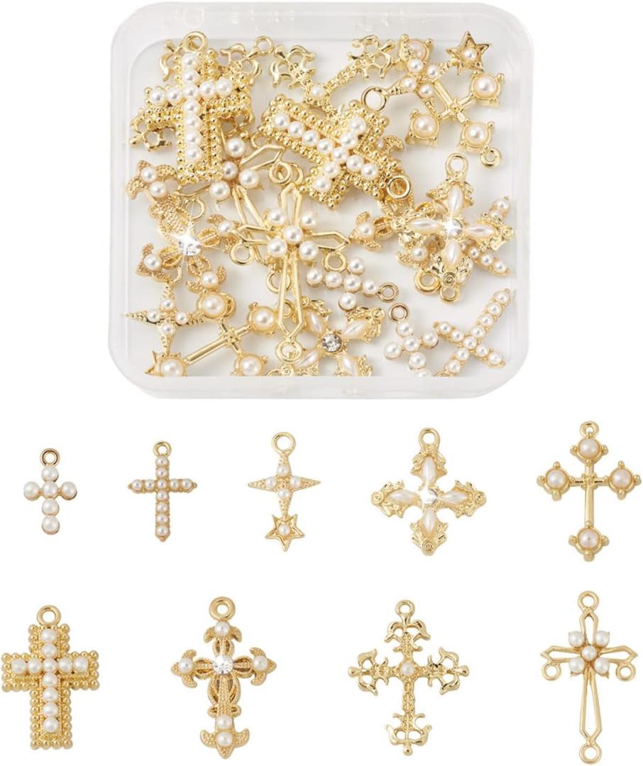 Cheriswelry 18Pcs Cross Metal Charms Light Gold Pearl Rhinestone Pendants Alloy Hanging Ornament 16-39mm 9 Styles for DIY Necklace Bracelet Earring Jewelry Making