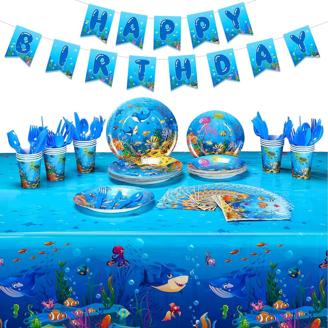 171 Pcs Under the Sea Party Supplies Ocean Sea Party Tableware Set Underwater Birthday Paper Plates Napkins Cups Cutlery Banner Tablecloth for Mermaid Beach Birthday Party Supplies 24 Guests