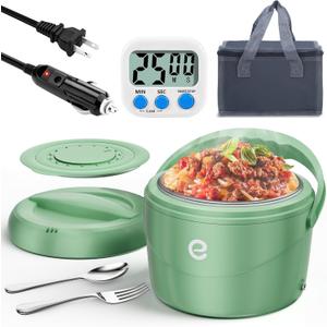 esemoil Electric Lunch Box with Timer, Large 40oz Faster Food Heater for Adults, Upgraded 80W Portable Heated Warmer for Car/Truck/Office/Travel, Spill-Free, SS Fork Spoon and Insulated Carry Bag (1.2L)