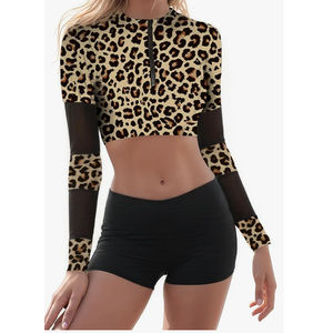 NESY Womems Swimsuits Long Sleeve Two Piece Rash Guard UV Protection Crop Top Bathing Suits Extra Large, Leopard Print 