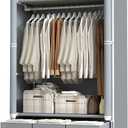 Portable Clothes Closet Rolling Door Wardrobe with Hanging Rack Non-Woven Fabric Storage Organizer with Three Drawer Boxes No-Tool Assembly - 35.4 x 17.7 x 67.0 (Gray), 90 x 45 x 170 centimeters