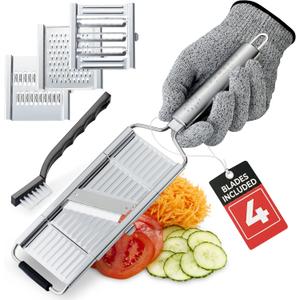 Gramercy Handheld Mandoline Slicer for Kitchen - Stainless Steel Veggie & Fruit Slicer with 4 Blades - Slicer, Julienne & Grater; Cut Resistant Safety Glove & Cleaning Brush Included; Dishwasher Safe