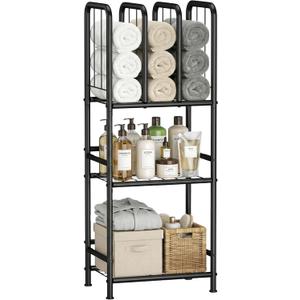 3 Tier Towel Racks for Bathroom with Dividers, Free Standing Metal Towels Holder Stand with Shelf, Towel Storage Organizer Bathroom Shelf, Metal Shelving Unit, Pool Towel Rack, Black