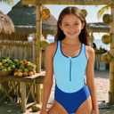 Girls Swimsuit Color-Block One Piece Bathing Suit with Zipper, Cutout Back & Sides Girl Swimsuits Size 9-16