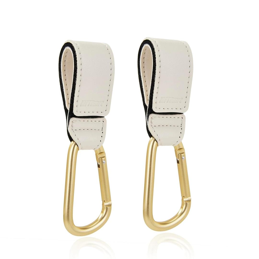 Stroller Hooks 2 Pack, Heavy Duty Leather Clips for Diaper Bags, Adjustable Carabiner Clips for Stroller, Bike, Wheelchair, Universal Stroller Accessories (White Hanging Strap with Gold Hook)