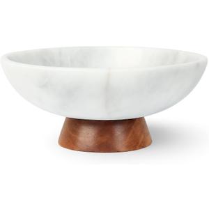 UMAID White Marble Decorative Bowl with Wood Pedestal, 10" Handcrafted Natural Stone Centerpiece with Unique Veining, Luxury Kitchen Fruit Bowl & Entryway Catch-All, for Potpourri & Coffee Table Decor