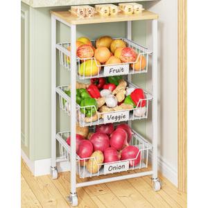 Giwil Vegetable Fruit Basket for Kitchen Pantry Organizers Storage, 4-Tier Utility Rolling Cart on Wheels with Wood Top and Drawer Wire Baskets for Onions Potatoes Snacks, White