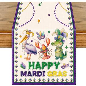 Purple Mardi Table Runner - Gras Masquerade Mask Beaded Party Decorations Cute Pelican Crawfish Alligator Carnival Holiday Supplies Decor for Home Dining Kitchen Dinner Living Room 13x72 Inch