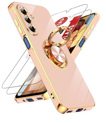 LeYi for Galaxy A17 5G Phone Case: 2 Pack Tempered Glass Screen Protector and 360° Rotatable Ring Holder Magnetic Kickstand, Plating Rose Gold Edge Protective for Galaxy A17 5G Case, Pink