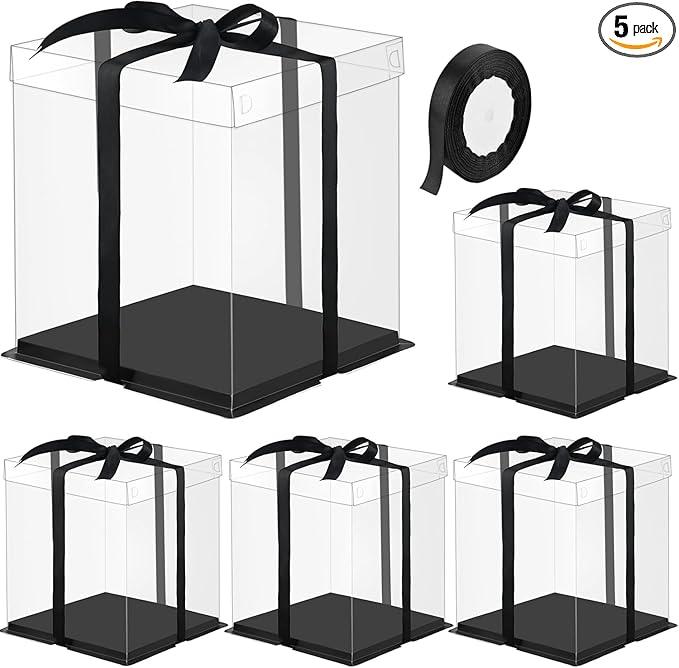 Ocmoiy 5 Pcs Clear cake Box with Black Ribbons, Transparent Tall Cake Box 8 × 8 × 9 In. Suitable for Packaging 6 Inch Cake, Disposable Cake Holder Carrier for Wedding, Birthday, Party