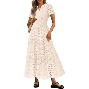 PRETTYGARDEN Womens 2025 Summer Maxi Dress Short Sleeve V Neck Hollow Out Eyelet A Line Long Flowy Beach Vacation Dresses (Beige, Size L)