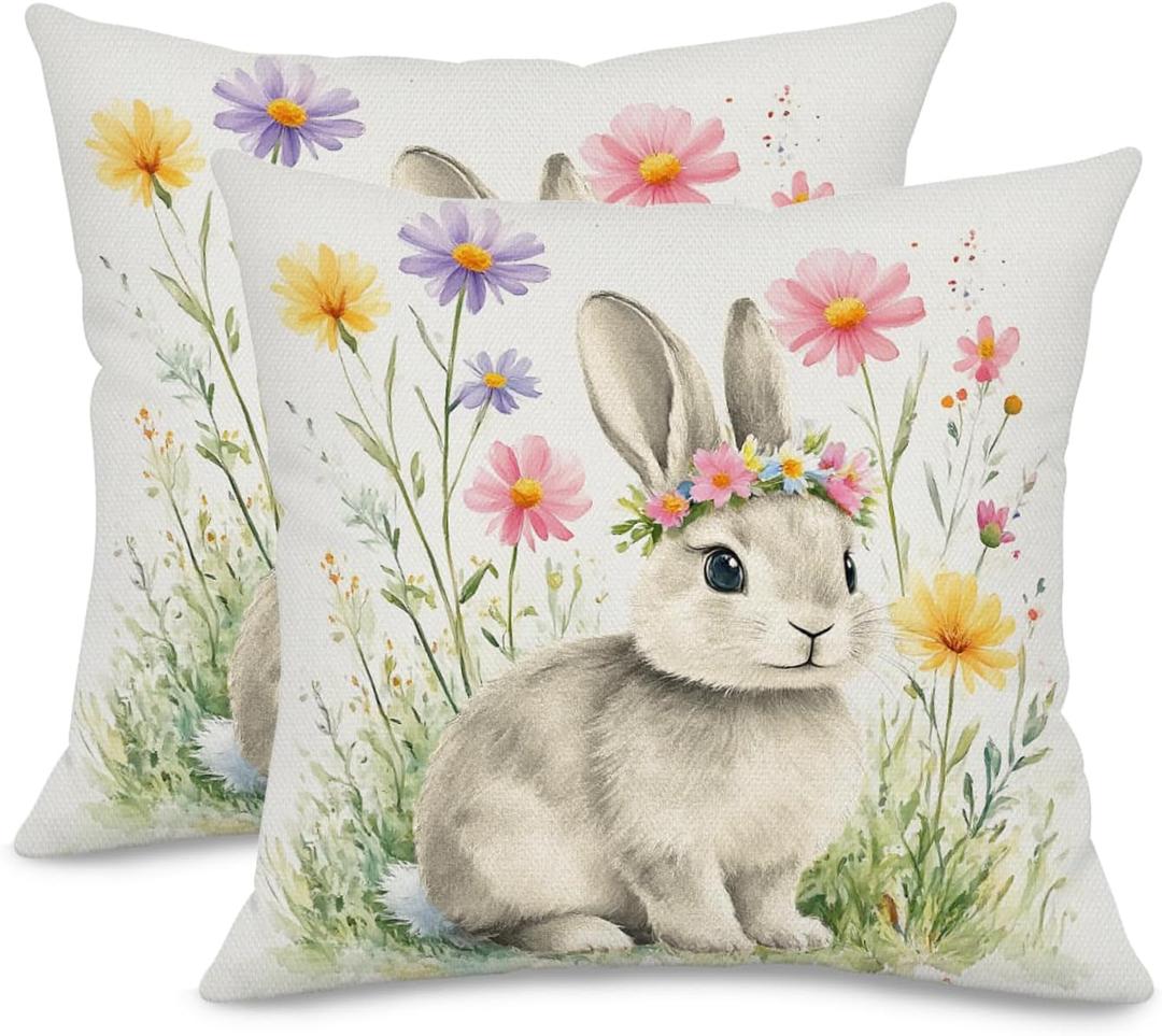 Easter Pillow Covers Bunny Throw Pillow Covers 18x18 Inch Set of 2 Easter Spring Decoration Floral Garland Rabbit Cushion Case for Sofa Couch Home Decor White Linen, Double-Sided