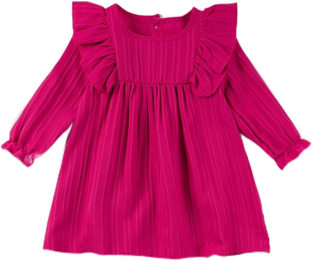 Girl's Summer Casual Dress, Light Ruffled Hem Princess Dress, Long Sleeve Knee-Length Dress,Loose-Fit Fall Dress (Pink), 1-2Y