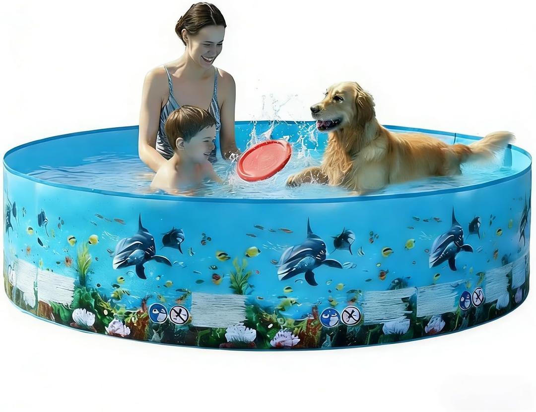 5 ft Foldable Hard Plastic Wading Pool - 60" x 15" Non-Inflatable Quick Setup Pool for Kids, Pets and Family Backyard Outdoor Use
