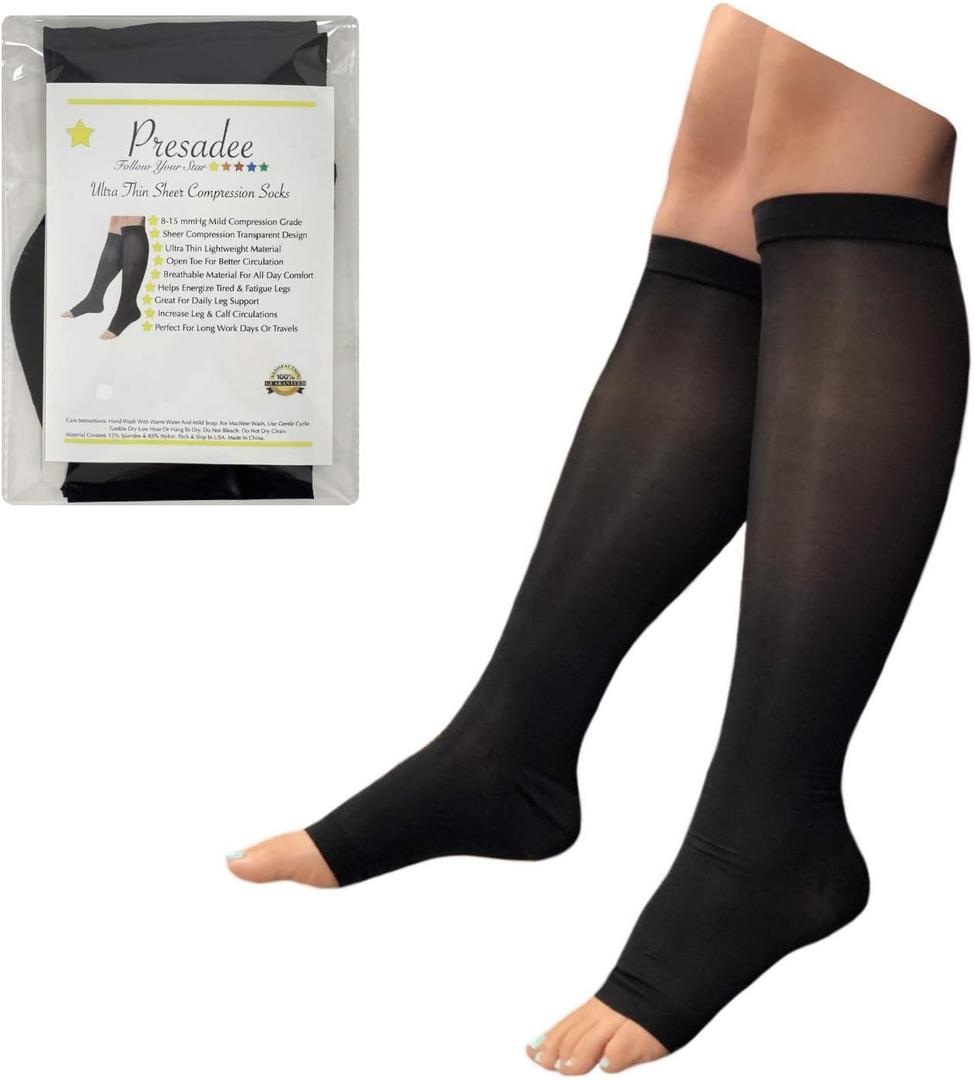 Presadee Ultra Thin 8-15 mmHg Mild Sheer Compression Leg Calf Open Toe Socks (2X-Large, Black)