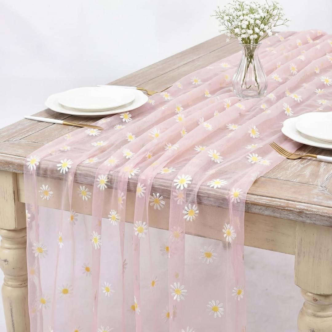 Breling 3 Pack 10ft Daisy Tulle Table Runner 120 Inch Seasonal Flower Sheer Gauze Daisy Table Runner Kitchen Dining Holiday Wedding Birthday Baby Shower Home Party Decor(Pink)