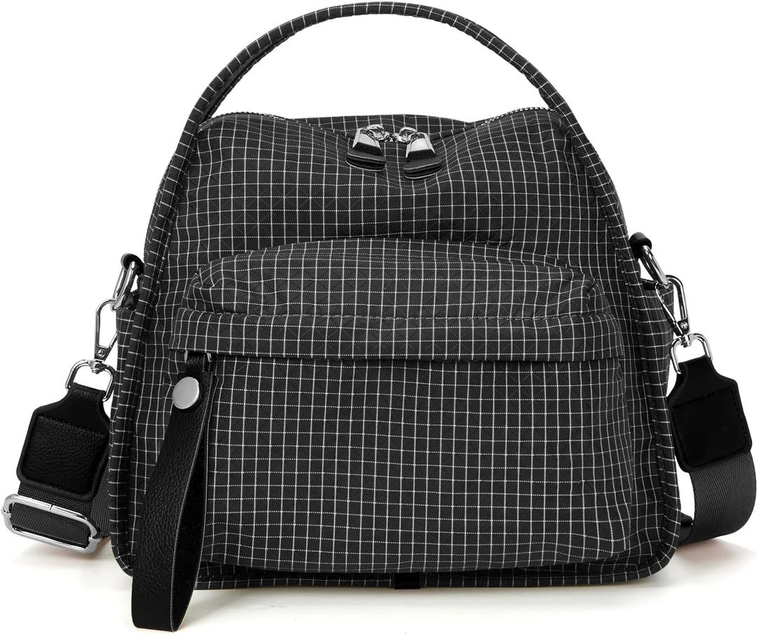 Women's Elegant Solid Color Shoulder Bag Fashionable Zipper Crossbody Bags Soft Top Handle Handbag Purse (Black Plaid)