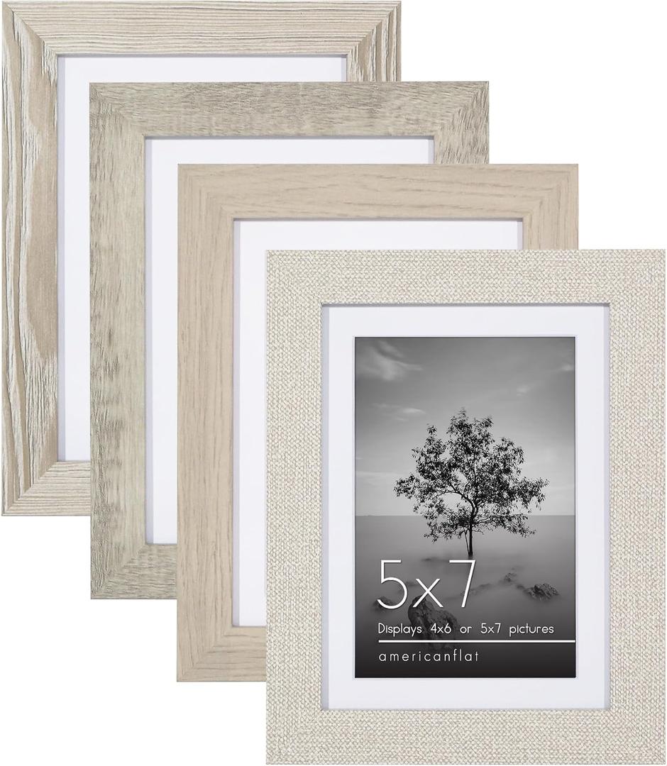 Americanflat 5x7 Picture Frame Set of 4 - Use as 4x6 Picture Frame with Mat or 5x7 Frame Without Mat - Rustic Picture Frames with Textured Engineered Wood, Shatter Resistant Glass, and Easel