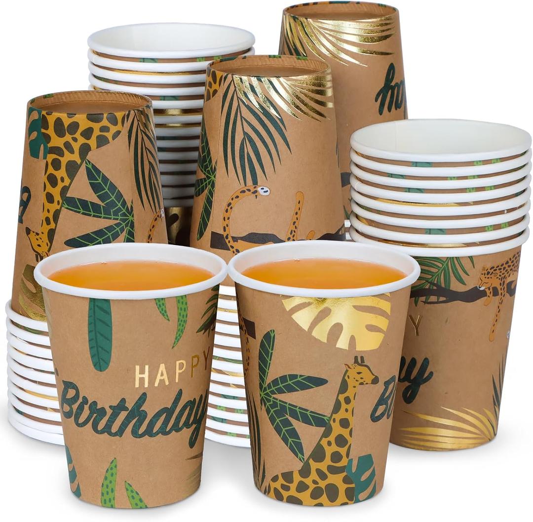DYLIVeS Animal Birthday Paper Cups, Jungle Safari Disposable Cups Zoo Wild Woodland Summer Tropical Cups Brown and Gold Foil Drink Cups Kids Party Cups for Birthday Party Supplies, 9 OZ, 50 Count