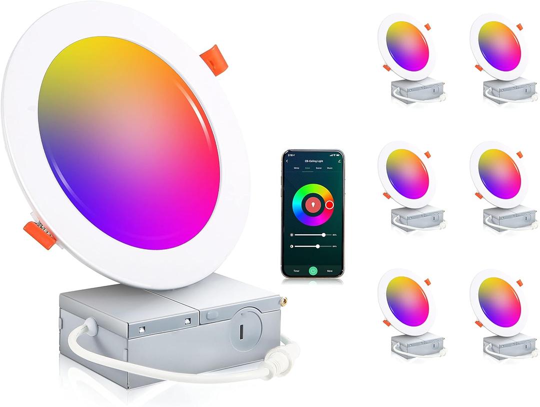 CLOUDY BAY [6 Pack] 6inch Smart WiFi LED Recessed Lights,RGBCW Color Changing Recessed Lighting,Compatible with Alexa and Google Home Assistant,No Hub Required,15W 2700K-6500K,CRI90+ Wet Location (6 Inch | White, Rgbcw / Wifi)