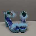 YSMIIH Women'S Faux Fur Chunky Heel Sandals Platform Open Toe Fuzzy Ankle Strap Sexy Colorful Wedding Dress Heels (6.5, Blue)