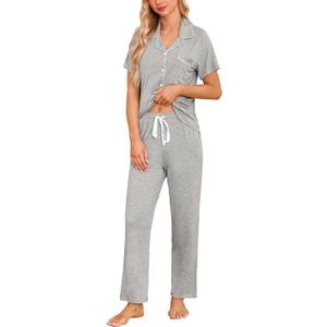 Samring Women Pajamas Sets 2 Piece Short Sleeve Soft Sleepwear Pjs Lounge Set Button Down Nightwear with Long Pants (Gray, XXL)