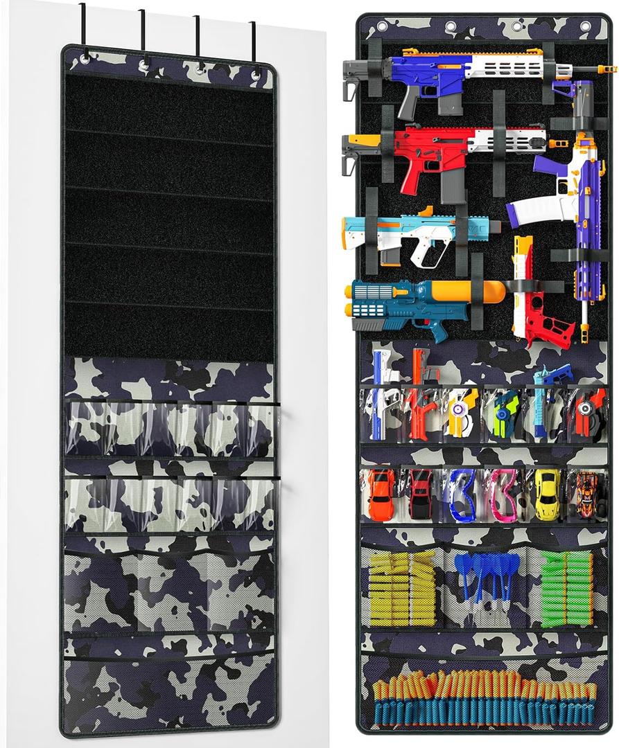 Over The Door Organizer for Toy Guns, Toy Storage, Toys Organizer with Pockets, Hook&Loop Straps for Foam Blasters, Darts, Goggles, Hanging Toys Gun Storage for Kid Rooms, Play rooms, Camouflage (Large)