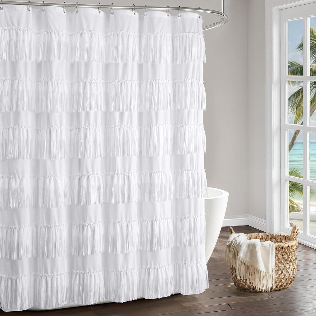 Boho White Shower Curtain with Tassels, VintageShower Curtains for Bathroom, 72x72