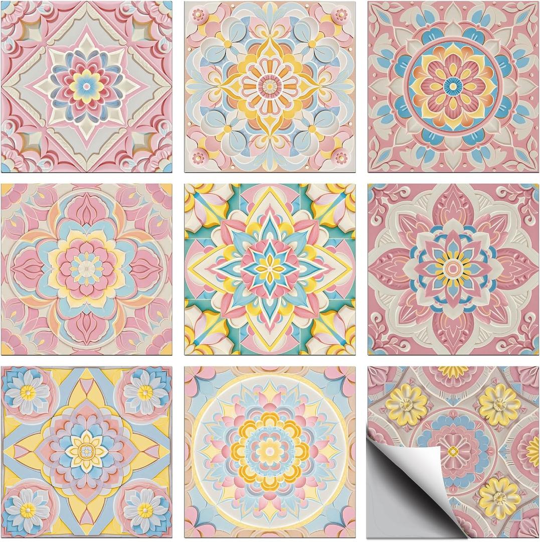 CHGCRAFT 36 Pcs 9 Style 3D Pink Pattern Tile Stickers Colorful Geometric Peel and Stick Wall Tile Stickers Waterproof Self Adhesive Stick on Tiles Decals for Kitchen Wall Art Decor, 44 Inch