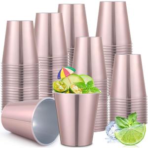 100 Pack 12 oz Disposable Plastic Cups Aluminum Party Tumbler Stackable Plastic Drinking Cups for Hot Cold Drinks Coffee Cocktail Beverage for Wedding Birthday Graduation Picnic(Rose Gold)